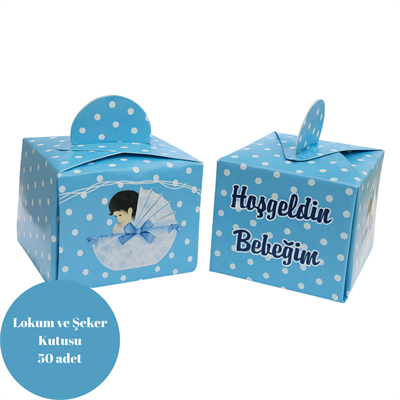 Mavi Hoşgeldin Bebeğim Temalı Lokum ve Şeker Kutusu 50 Adet