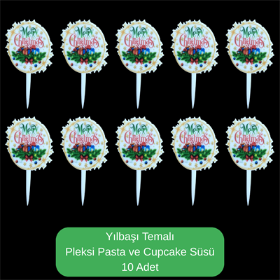 Merry Chritmas Temalı Yılbaşı Pleksi Pasta ve Cupcake Süsü - 10 Adet