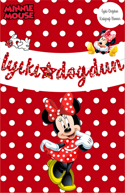 Minnie Mouse Kırmızı Temalı İyiki Doğdun Kaligrafi Banner