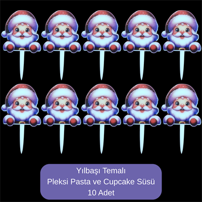 Noel Baba Temalı Yılbaşı Pleksi Pasta ve Cupcake Süsü - 10 Adet
