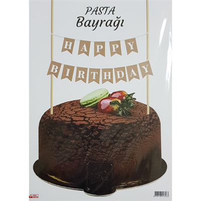 Pasta Bayrağı Happy Birthday Temalı Kraft Üstü Beyaz – Pasta Üstü Yazılı Süs