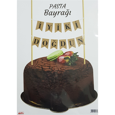 Pasta Bayrağı İyi ki Doğdun Temalı Kraft Üstü Siyah – Pasta Üstü Yazılı Süs