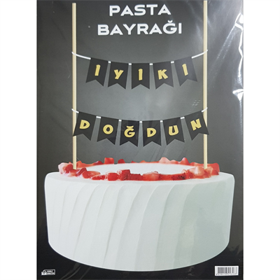 Pasta Bayrağı İyi ki Doğdun Temalı Siyah Üstü Kraft – Pasta Üstü Yazılı Süs