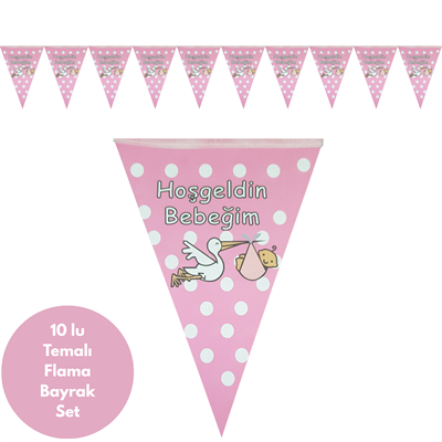 Pembe Hoş geldin Bebeğim Leylekli Flama Bayrak Set Süs