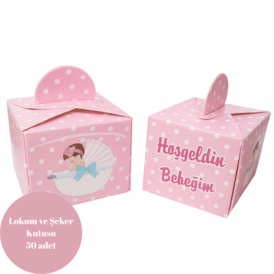 Pembe Hoşgeldin Bebeğim Temalı Lokum ve Şeker Kutusu 50 Adet