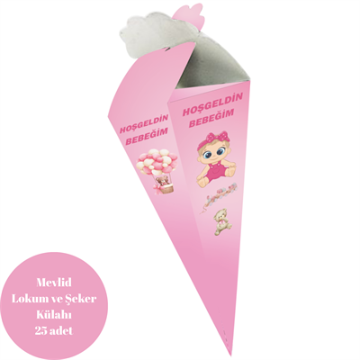 Pembe Hoşgeldin Bebeğim Temalı Lokum ve Şeker Külahı - Mevlit Külahı 25 Adet