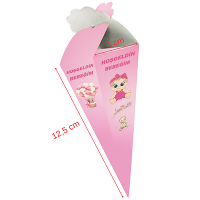 Pembe Hoşgeldin Bebeğim Temalı Lokum ve Şeker Külahı - Mevlit Külahı 25 Adet