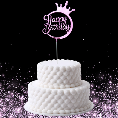 Pembe Metalik Happy Birthday Temalı Mika Pasta Üstü Süs