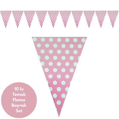 Pembe Üstü Beyaz Puanlı Flama Bayrak Set Süs