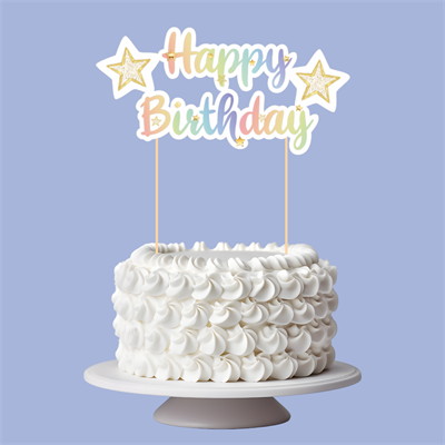 Renkli Yıldız Temalı Happy Birthday Kaligrafi Pasta Üstü Süs
