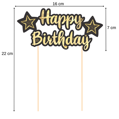 Siyah Altın Yıldız Temalı Happy Birthday Kaligrafi Pasta Üstü Süs