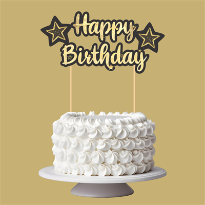 Siyah Altın Yıldız Temalı Happy Birthday Kaligrafi Pasta Üstü Süs