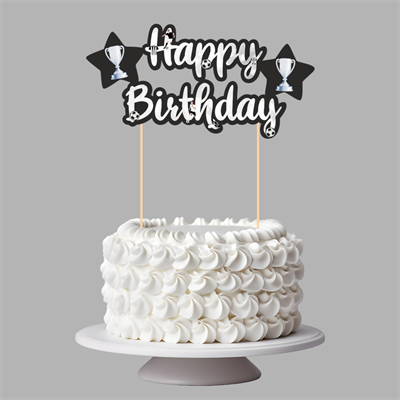 Siyah Beyaz Taraftar Temalı Happy Birthday Kaligrafi Pasta Üstü Süs