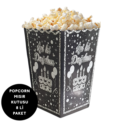 Siyah Gümüş İyiki Doğdun Temalı Popcorn Mısır Kutusu 8 li Paket
