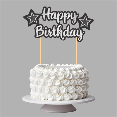 Siyah Gümüş Yıldız Temalı Happy Birthday Kaligrafi Pasta Üstü Süs