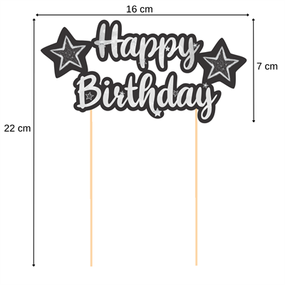 Siyah Gümüş Yıldız Temalı Happy Birthday Kaligrafi Pasta Üstü Süs