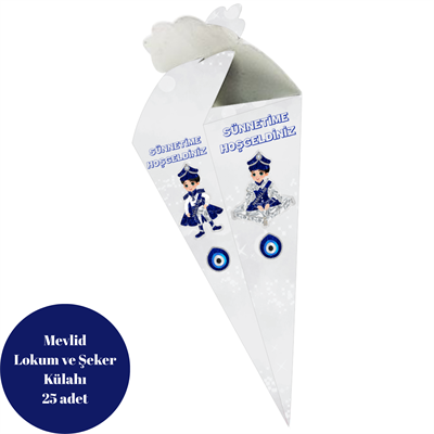 Sünnetime Hoşgeldiniz Temalı Gümüş Renkli Lokum ve Şeker Külahı - Mevlit Külahı 25 Adet
