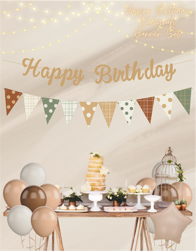 Sütlü Kahve Happy Birthday Kaligrafi Banner ve Desenli Flama Set