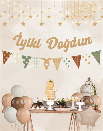 Sütlü Kahve İyi ki Doğdun Kaligrafi Banner ve Desenli Flama Set