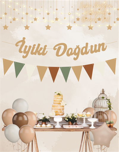 Sütlü Kahve İyi ki Doğdun Kaligrafi Banner ve Düz Renk Flama Set