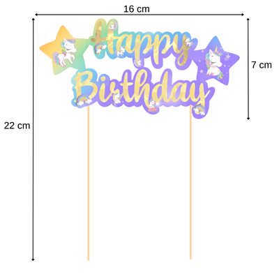 Unicorn Temalı Happy Birthday Kaligrafi Pasta Üstü Süs
