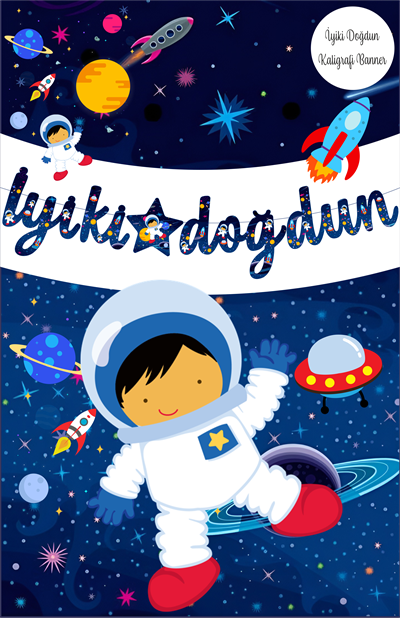 Uzay Temalı İyiki Doğdun Kaligrafi Banner
