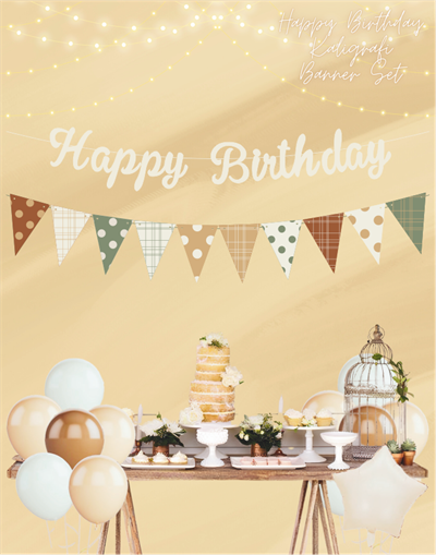 Vanilya Happy Birthday Kaligrafi Banner ve Desenli Flama Set