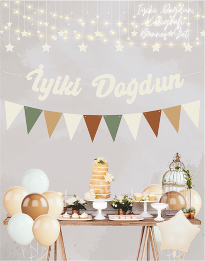 Vanilya İyi ki Doğdun Kaligrafi Banner ve Düz Renk Flama Set