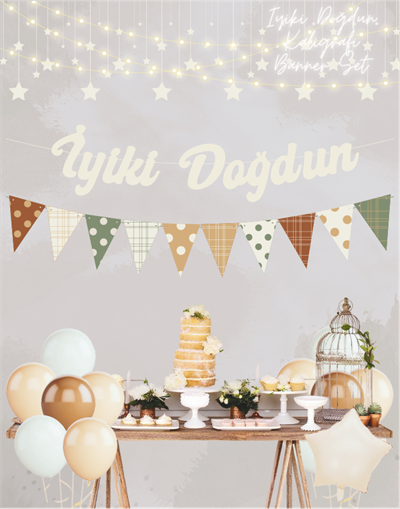 Vanilya İyi ki Doğdun Kaligrafi Banner ve Desenli Flama Set