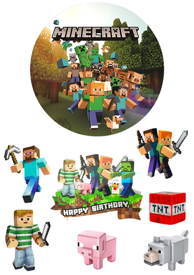 Yenilebilir Yuvarlak Pasta ve Figür Resim Baskısı Şekerli Kağıt Minecraft Temalı 36