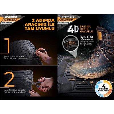 Promats Maximum 4D Siyah Üniversal Havuzlu Paspas 5 Parça