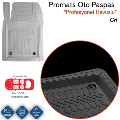 Promats Profesyonel 3D Gri Üniversal Havuzlu Paspas 5 Parça