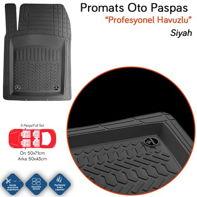Promats Profesyonel 3D Siyah Üniversal Havuzlu Paspas 5 Parça
