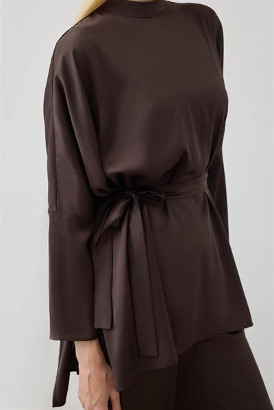 MİORİ CLARE PANTOLONLU SATEN TAKIM KOYU KAHVE