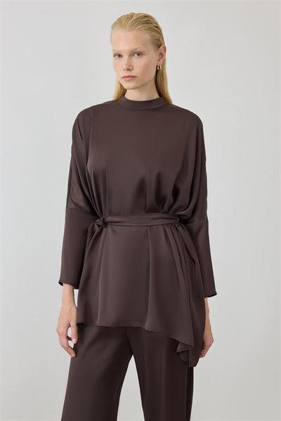 MİORİ CLARE PANTOLONLU SATEN TAKIM KOYU KAHVE