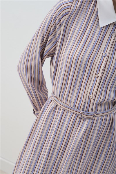 MİORİ ETNA RAYON VİSKON ELBİSE MAVİ-KAHVE