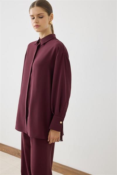 MİORİ LİNZA PLİSE GÖMLEKLİ PANTOLONLU KREP TAKIM BORDO