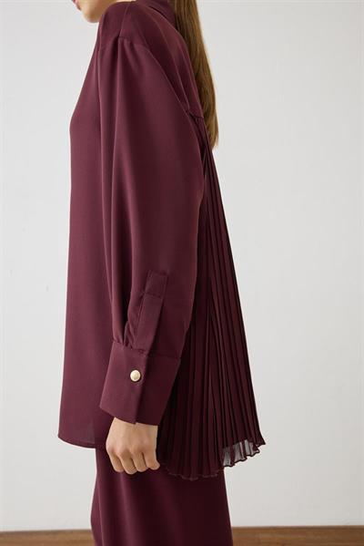 MİORİ LİNZA PLİSE GÖMLEKLİ PANTOLONLU KREP TAKIM BORDO