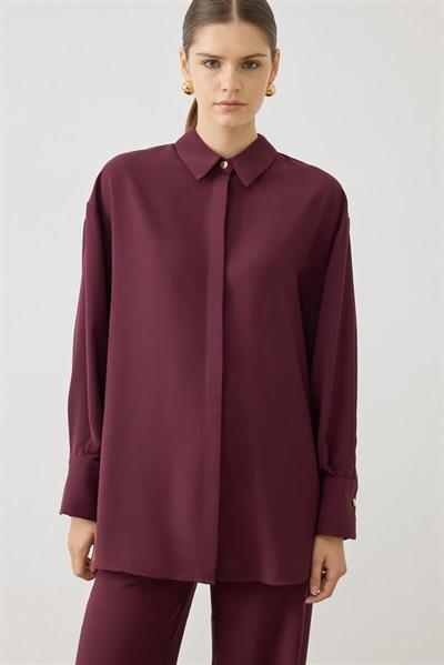 MİORİ LİNZA PLİSE GÖMLEKLİ PANTOLONLU KREP TAKIM BORDO
