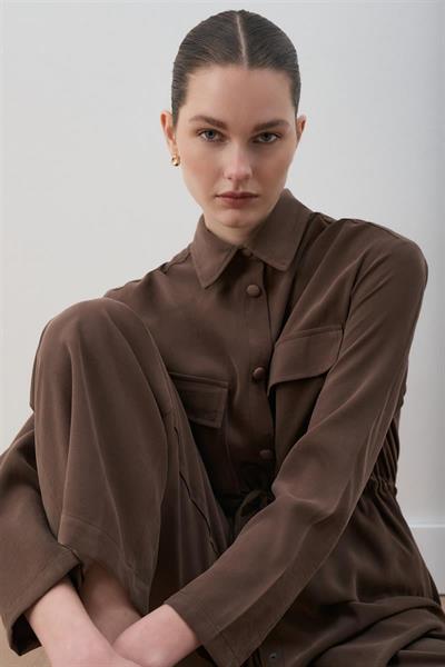 MİORİ LORES TAŞLANMIŞ MODAL PANTOLONLU TAKIM KAHVE