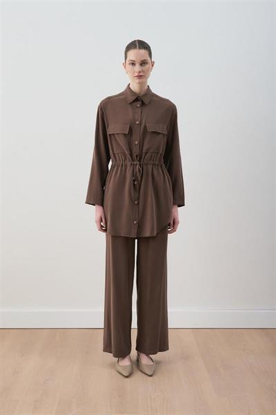 MİORİ LORES TAŞLANMIŞ MODAL PANTOLONLU TAKIM KAHVE