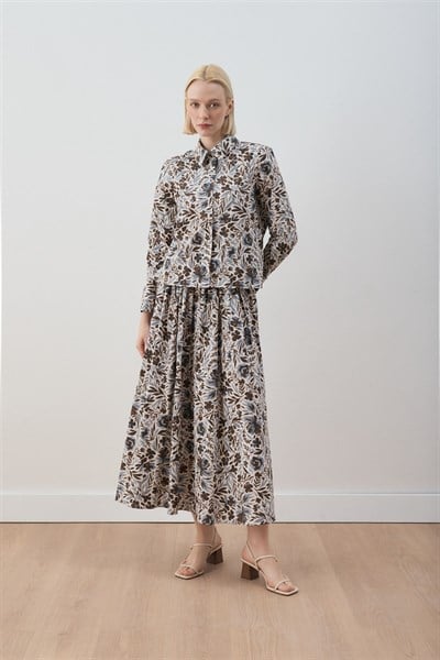 MİORİ NUE ETEKLİ POPLİN  TAKIM KAHVE-MAVİ