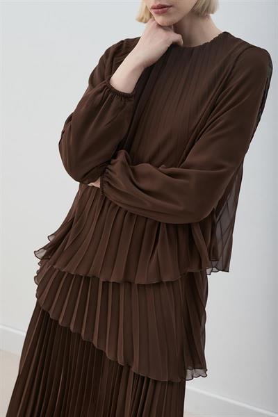 MİORİ VALERİN PLİSELİ ELBİSE ACI KAHVE