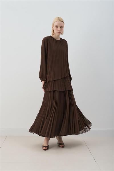 MİORİ VALERİN PLİSELİ ELBİSE ACI KAHVE