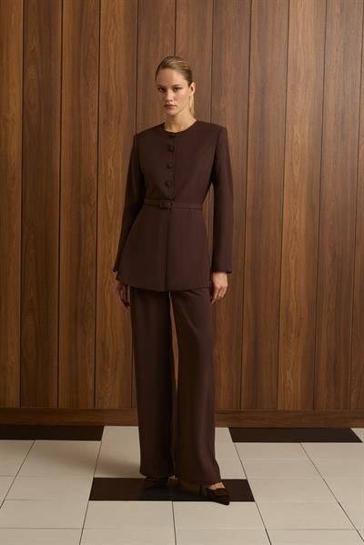 MİORİ FEMME CEKET PANTOLON KREP TAKIM KAHVE