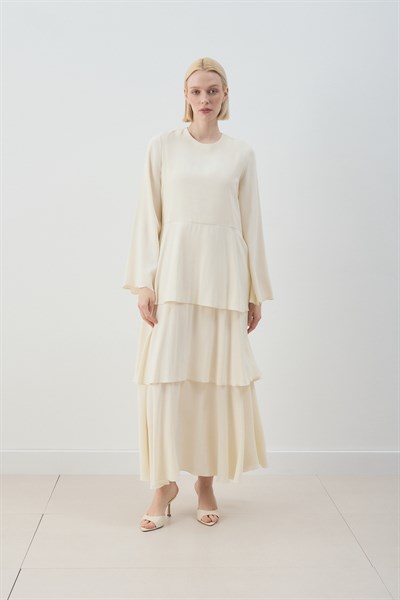MİORİ JESSE TAŞLANMIŞ MODAL ELBİSE EKRU