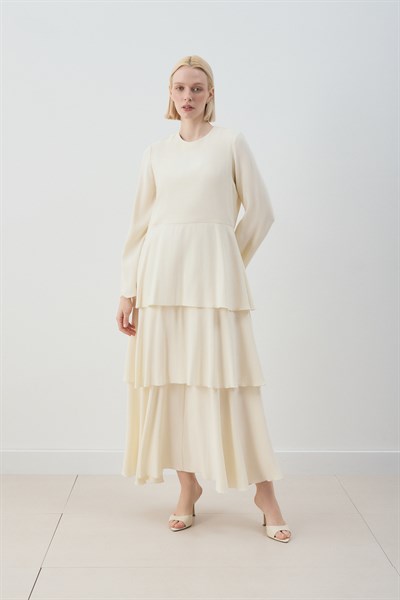 MİORİ JESSE TAŞLANMIŞ MODAL ELBİSE EKRU