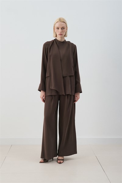 MİORİ MOTTE TAŞLANMIŞ MODAL PANTOLONLU TAKIM ACI KAHVE