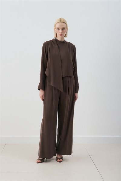 MİORİ MOTTE TAŞLANMIŞ MODAL PANTOLONLU TAKIM ACI KAHVE