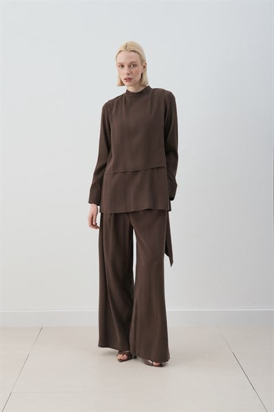 MİORİ MOTTE TAŞLANMIŞ MODAL PANTOLONLU TAKIM ACI KAHVE